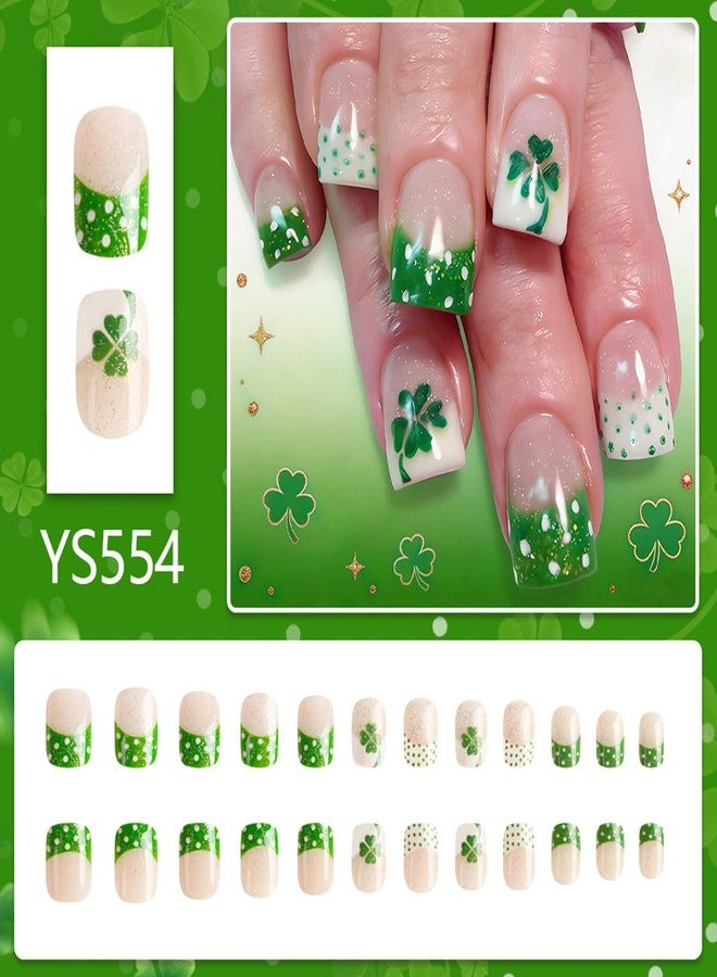 OSTTMA 24Pcs St. Patrick's Day Press on Nails Short Square French Tip Fake Nails with Shamrock & Polka Dot Designs Glitter Green Shamrock Nails Press ons Full Cover Glue on Nail for Women Manicure - Image 2